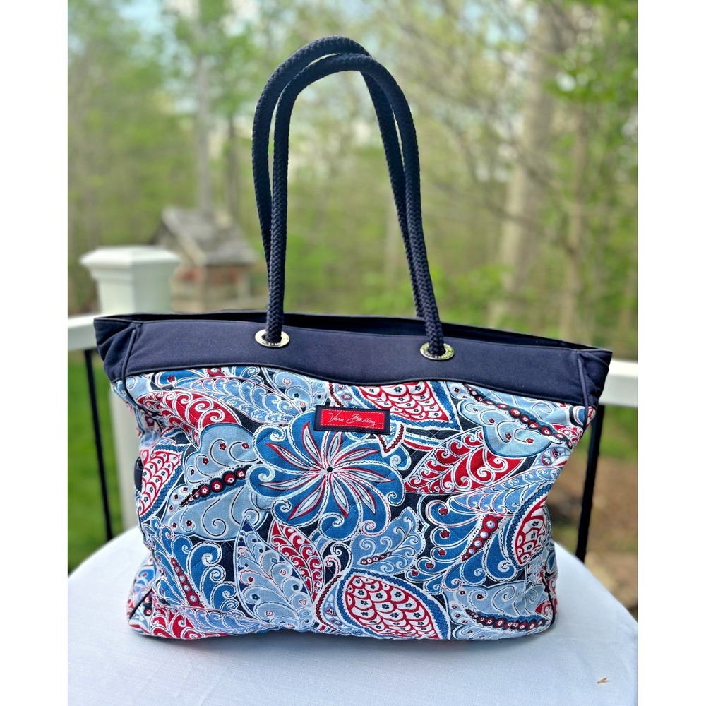 Vera Bradley Nautical Seaside Miller Tote Capri Blue Paisley Large‎ Quilted EUC